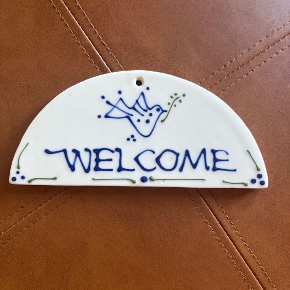 Noble Clay Handmade Ceramic Welcome Sign Blue Bird Wall Hanging Decor 6.5 Inch